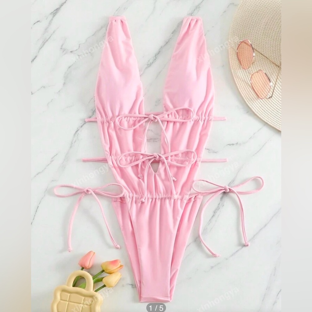Pink cutout strappy swimsuit one piece